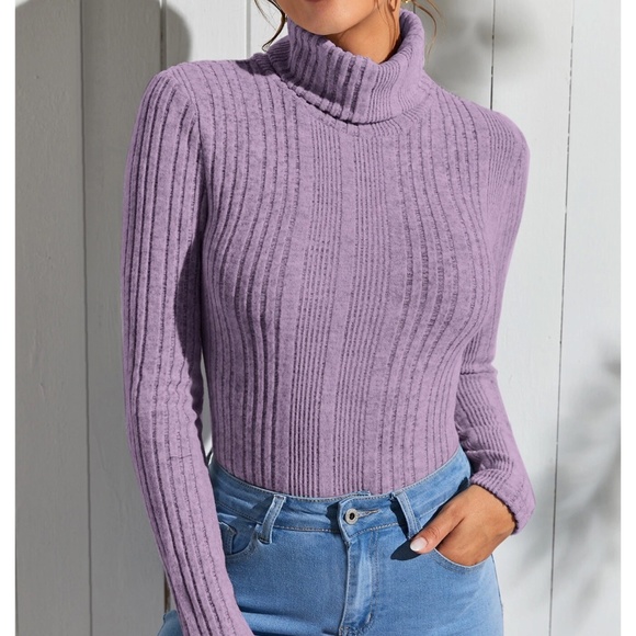 Women's Ribbed Purple Turtleneck Full Sleeves Top
